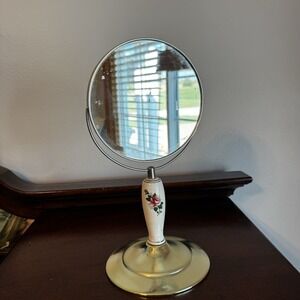 Vintage Two Sided Pedestal Mirror Ceramic Metal 11.75"